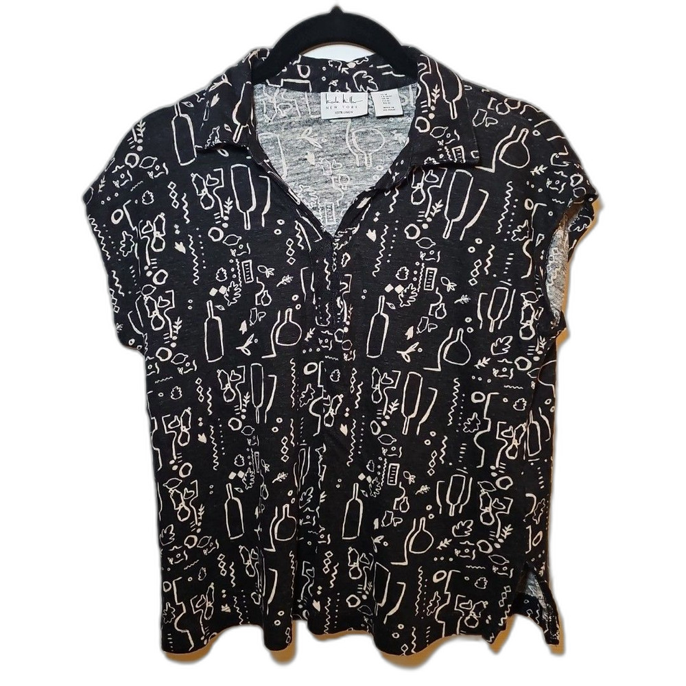 Women's Nicole Miller Black White Graphic 100% Linen Collared Shirt Wine Medium